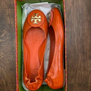 Equestrian Orange Tory Burch Tumbled Patent Flats